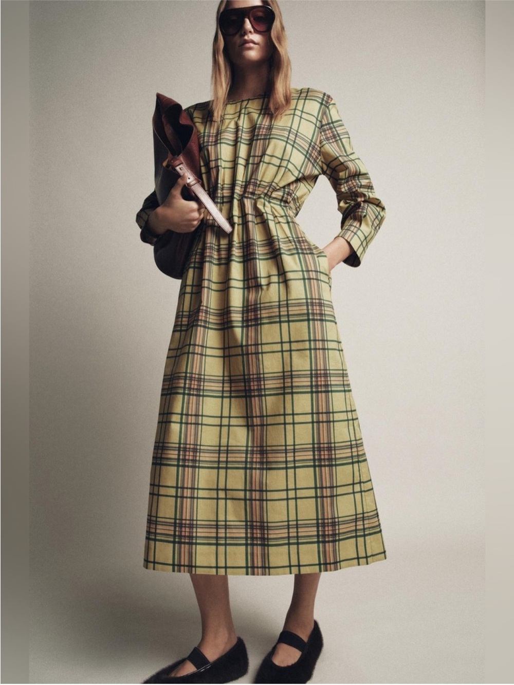 Zara Cotton Yellow Plaid Midi Dress Sz M